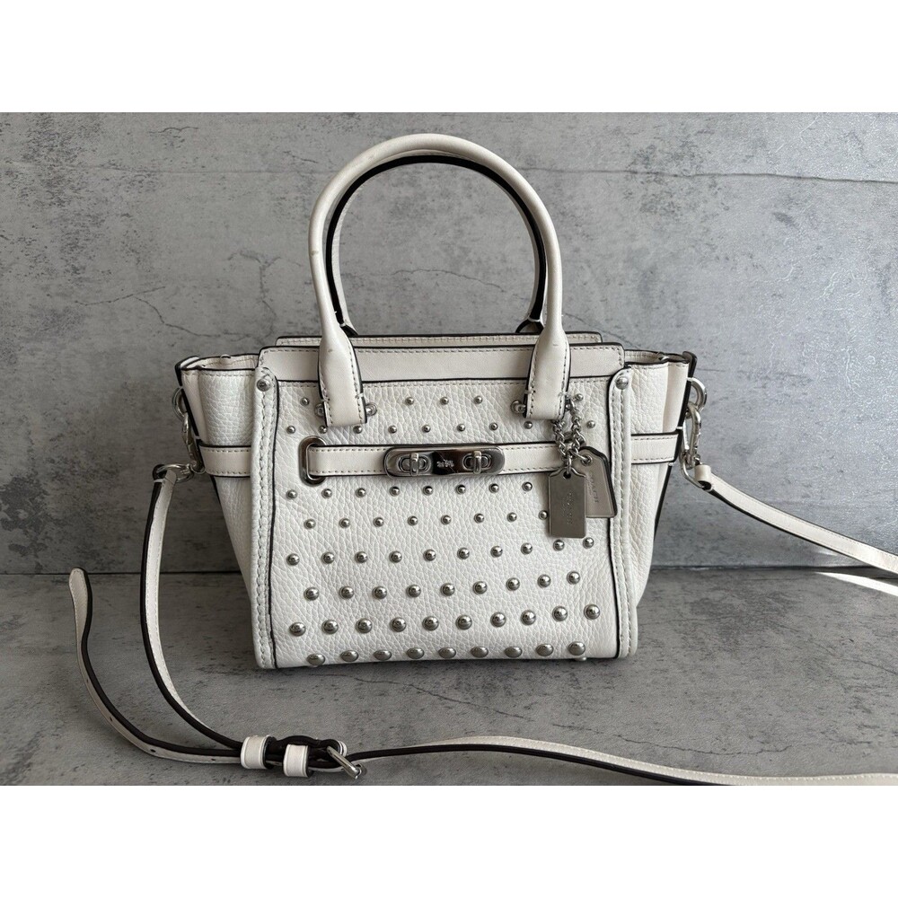 COACH Cream Mini Swagger 21 Pebble Leather Satchel studded Crossbody Bag